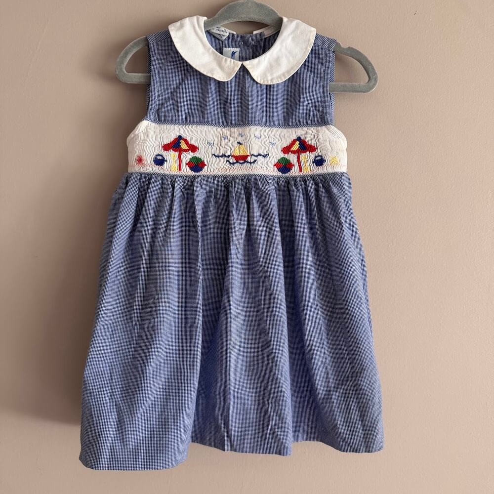 Silly Goose Hand Smocked Summer Beach Collar Dress Tie Back Blue Gingham 24M